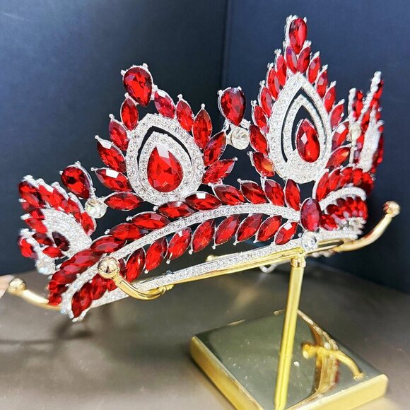 Quinceanera Crown, Ruby Rhinestone Crown, Large Size Crown, Silver Crystal Crown main image 4